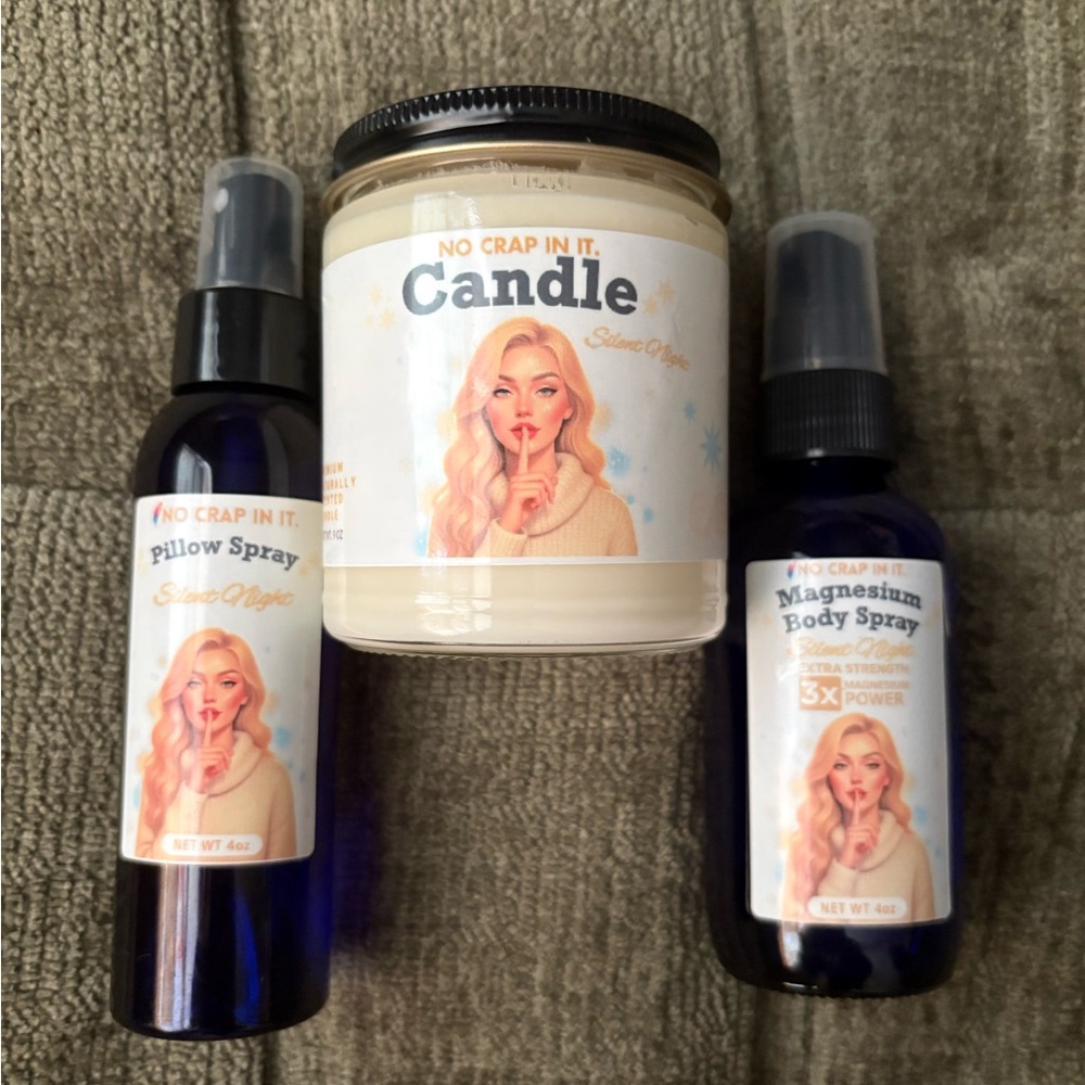 No Crap In It Silent Night Sleep Candle, Magnesium Spray, Pillow Spray Bundle
